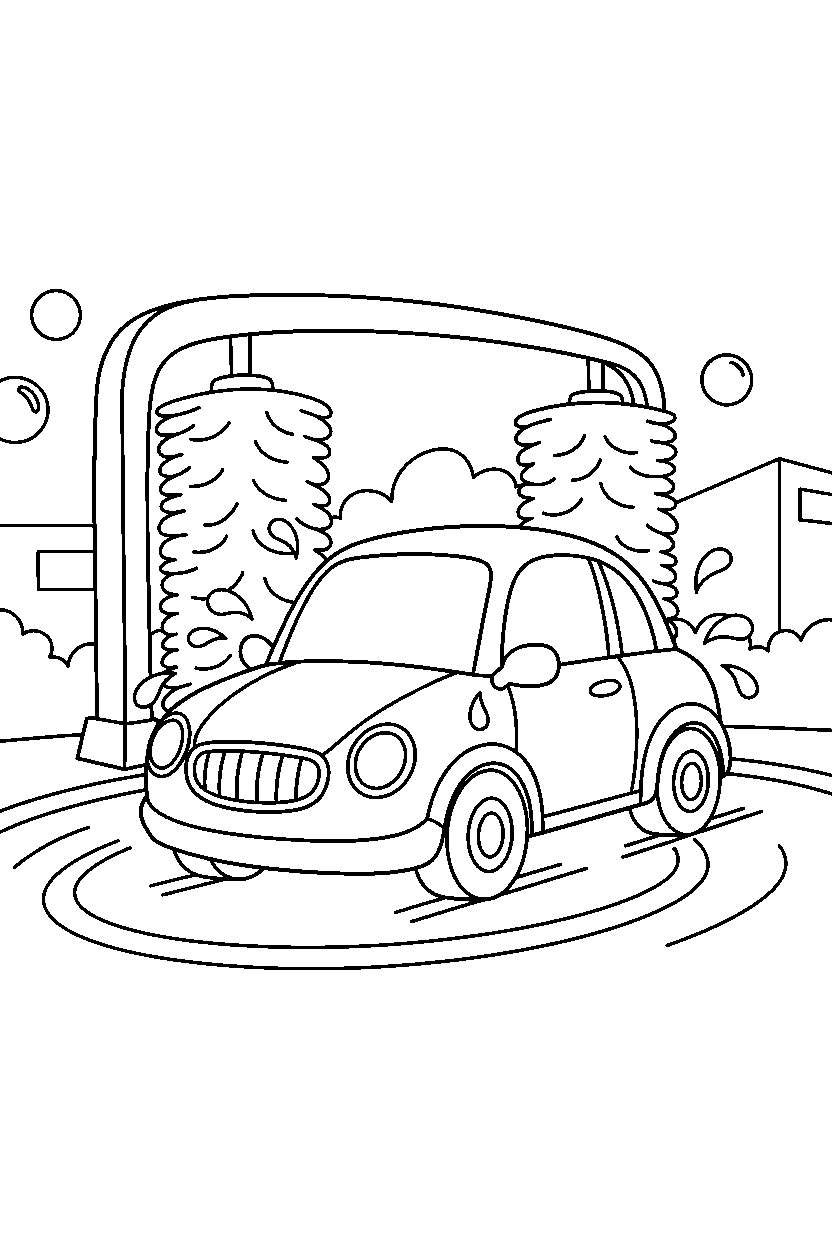 car turning gently at a car wash line art