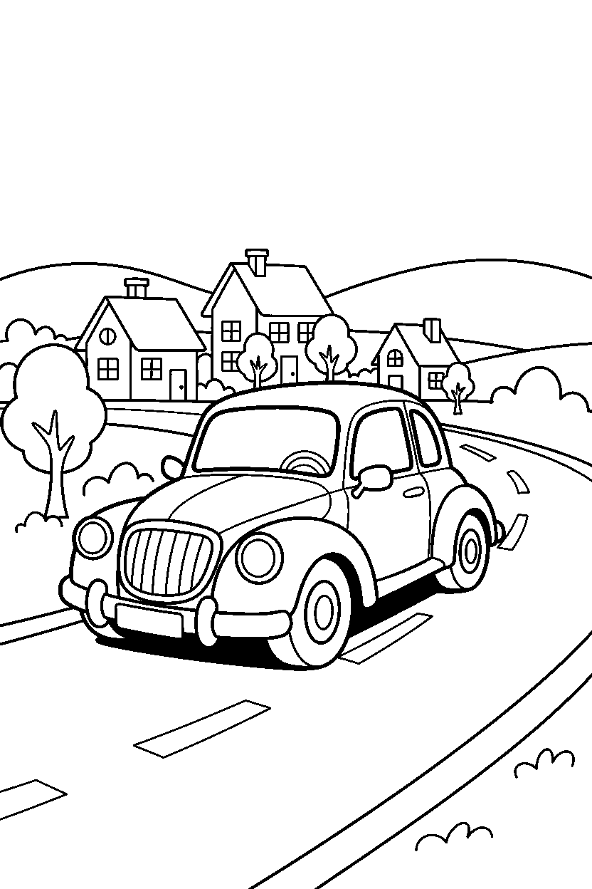 car turning near a village line art