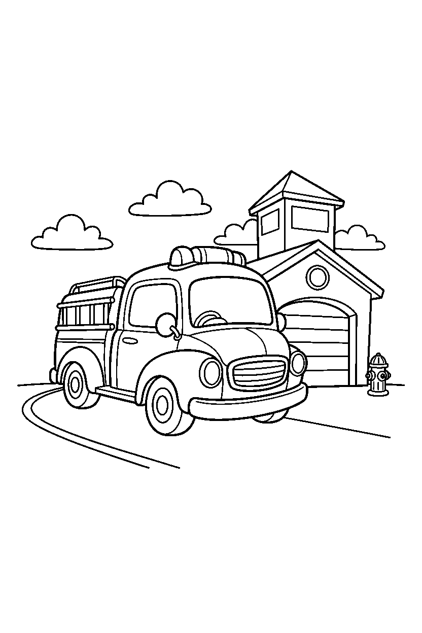 car turning right at a fire station line art