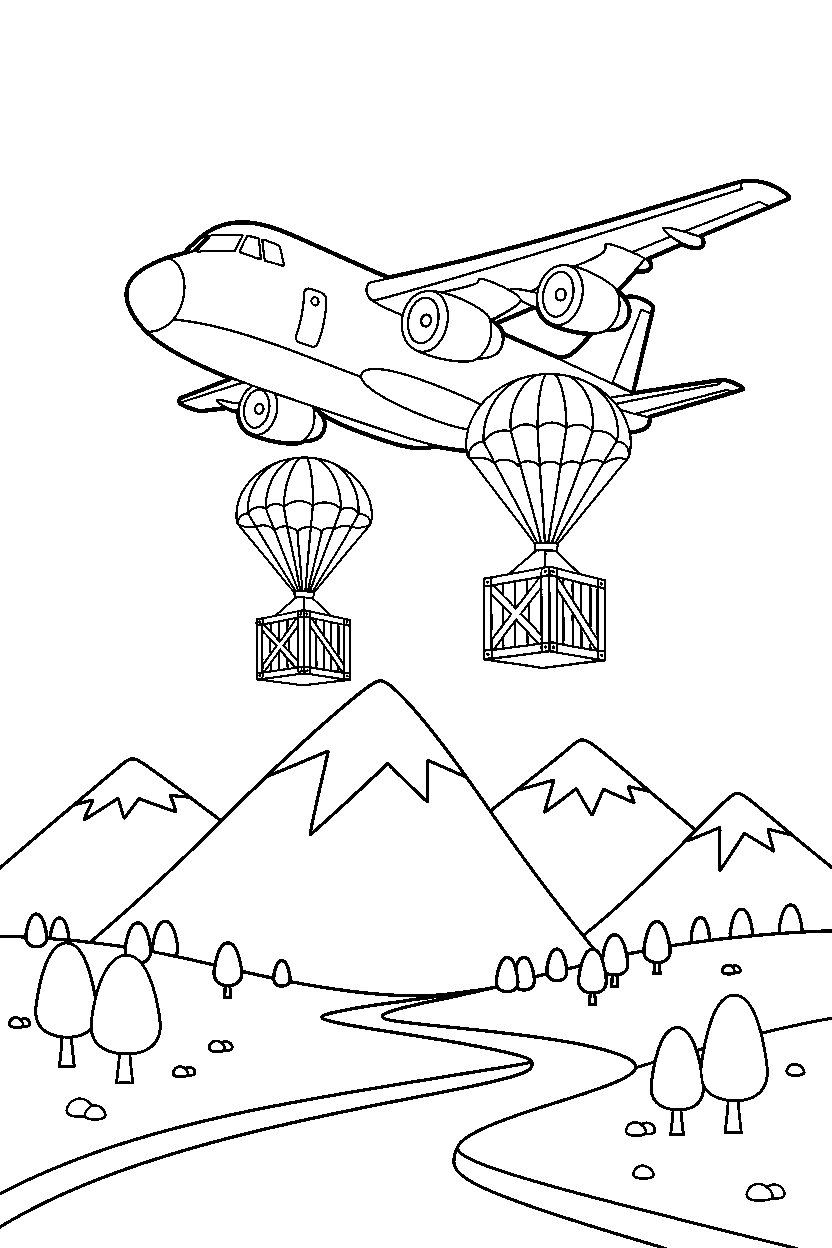 cargo airplane delivering goods near mountains line art