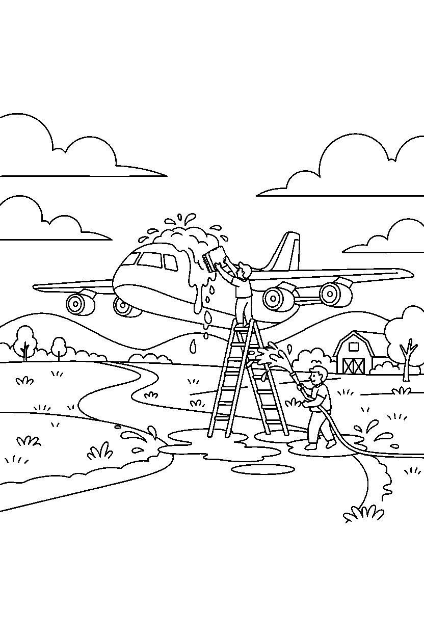 cargo airplane getting cleaned on a country road line art