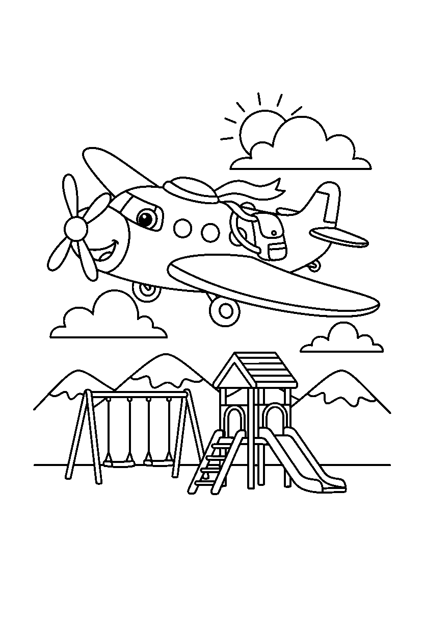 cargo airplane going on an adventure near a playground line art