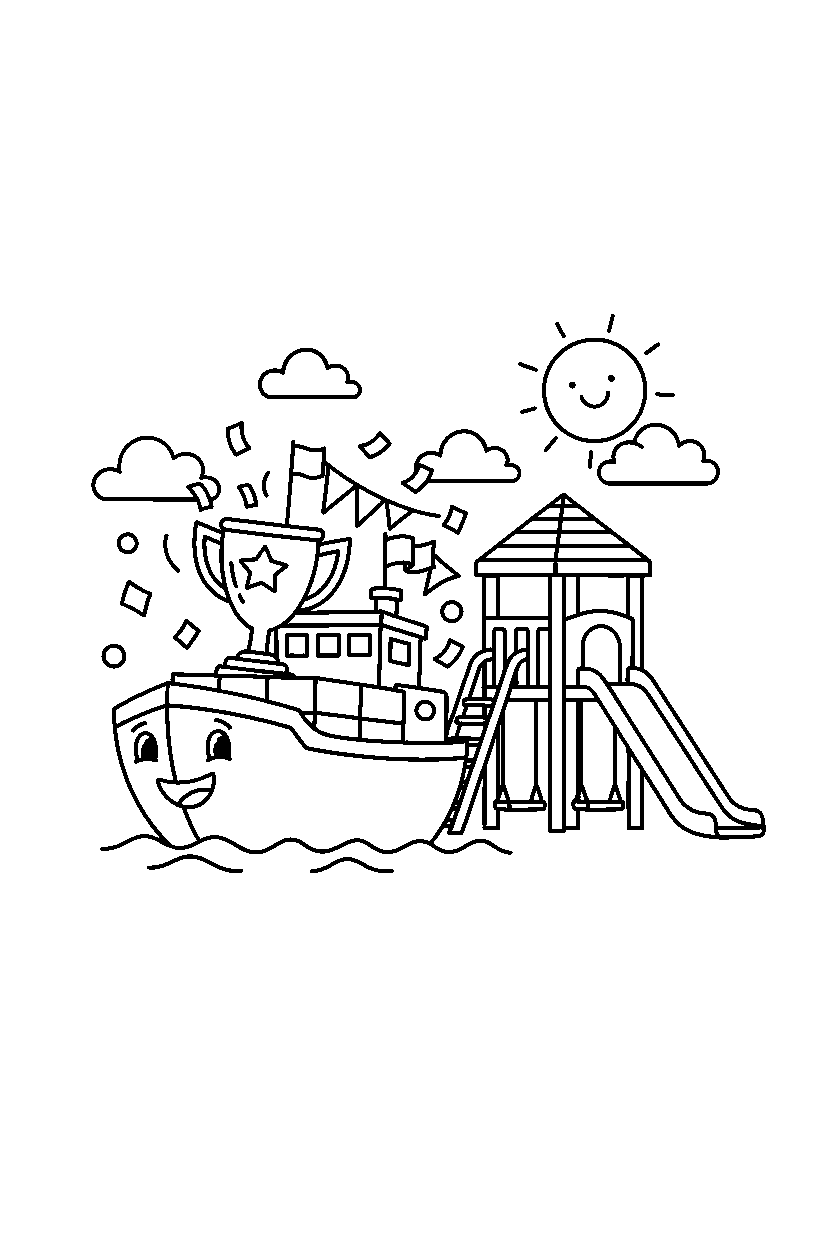 cargo ship celebrating a victory near a playground line art