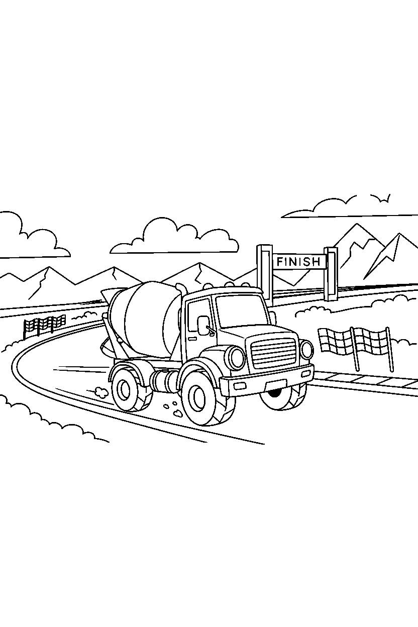 cement mixer truck moving on a race track line art