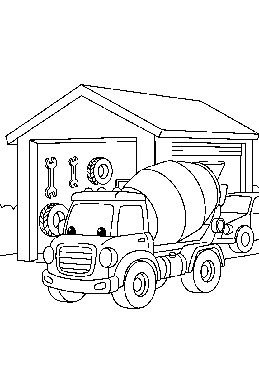 cement mixer truck moving slowly at a car garage line art