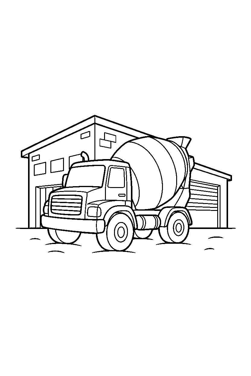cement mixer truck posing proudly near a warehouse line art