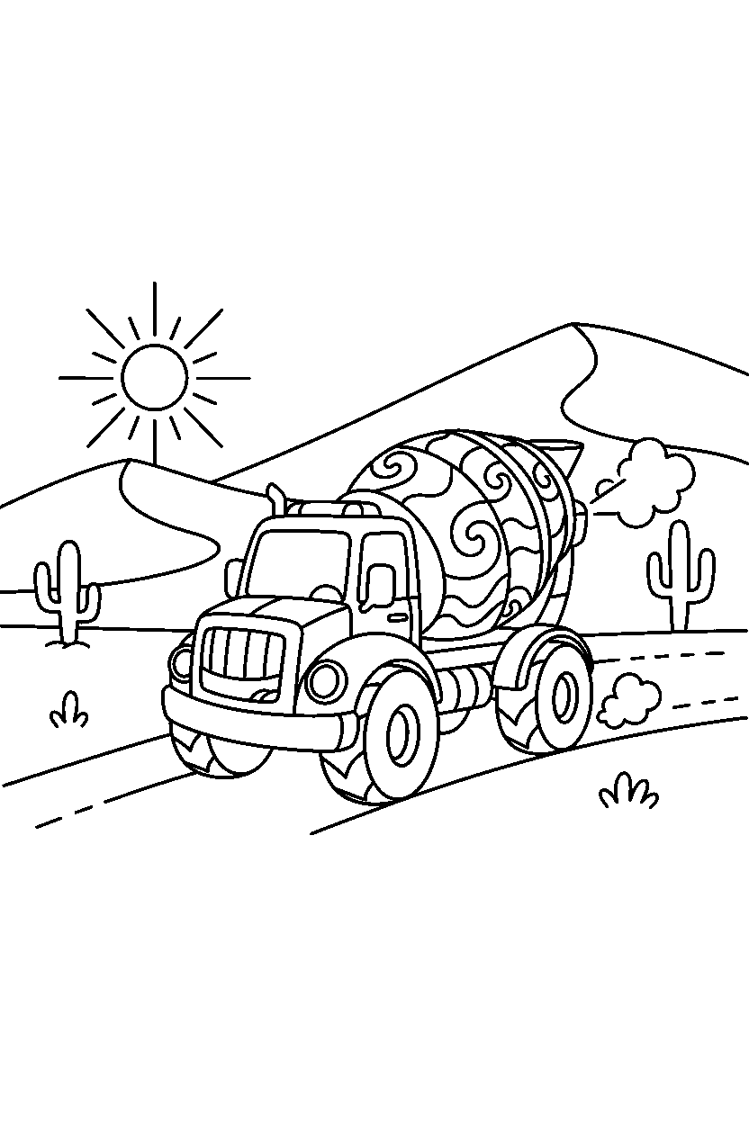 cement mixer truck speeding up in a desert line art