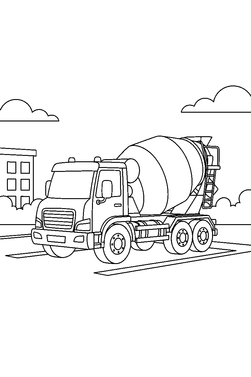 cement mixer truck standing proudly at a parking lot line art