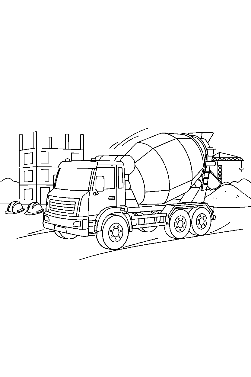cement mixer truck turning left at a construction site line art