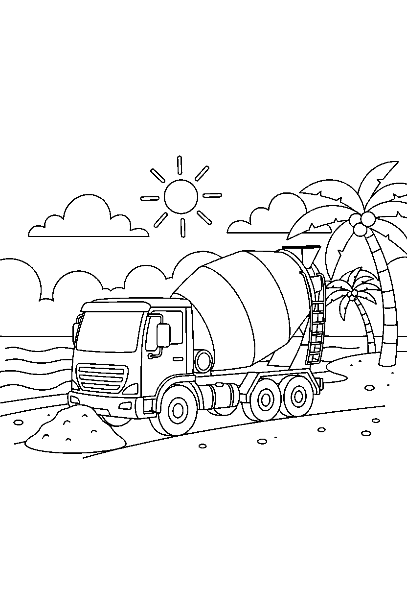 cement mixer truck turning near the beach line art