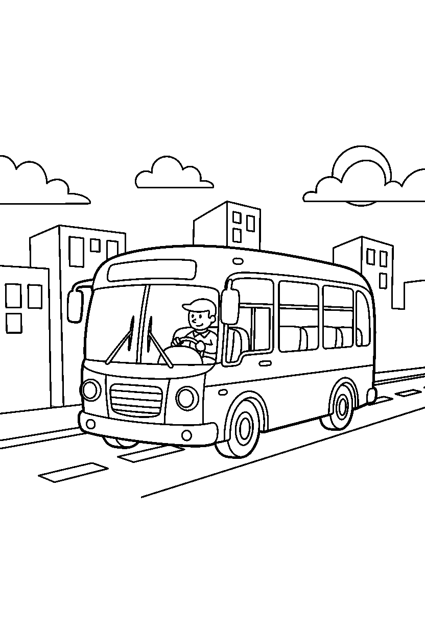 city bus driving forward on a city street line art