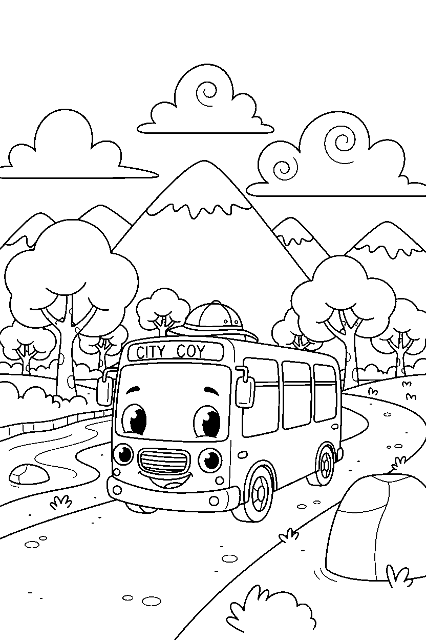 city bus exploring a new place near mountains line art