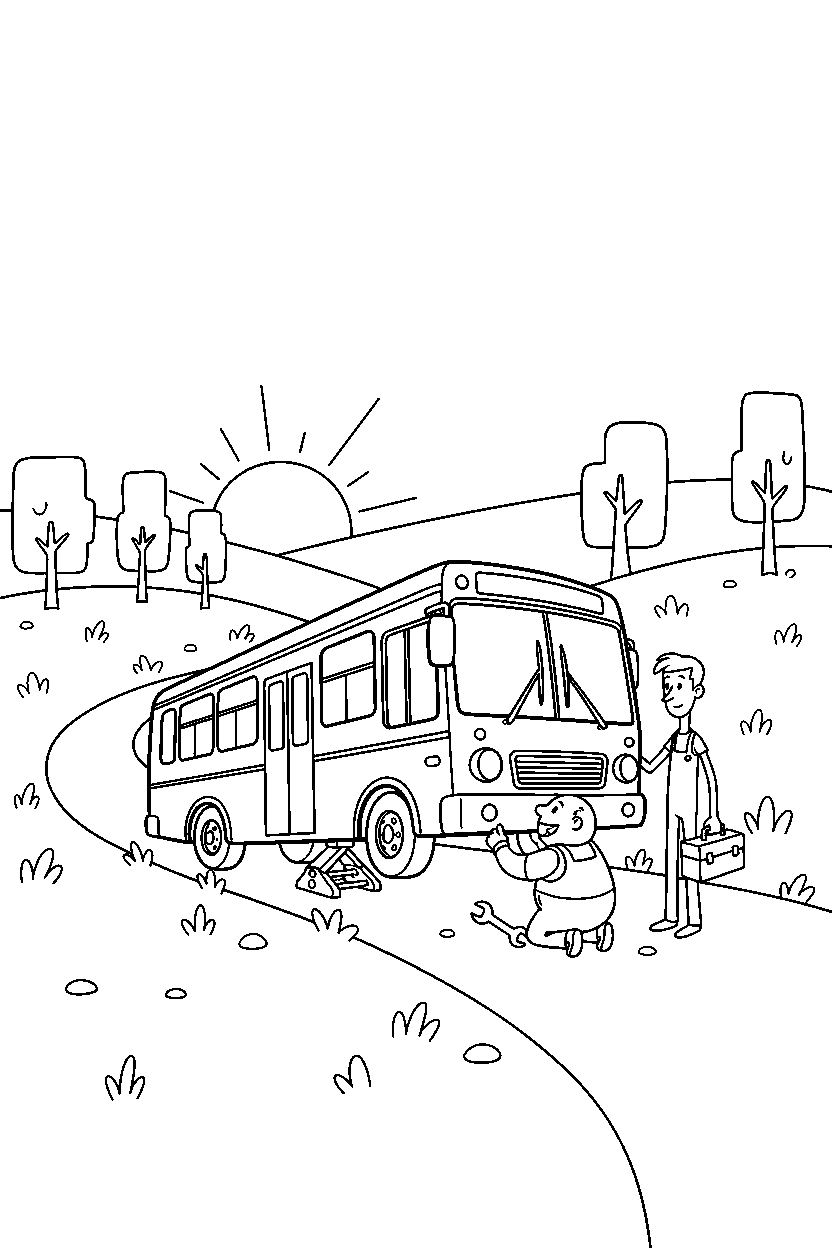 city bus getting repaired on a country road line art