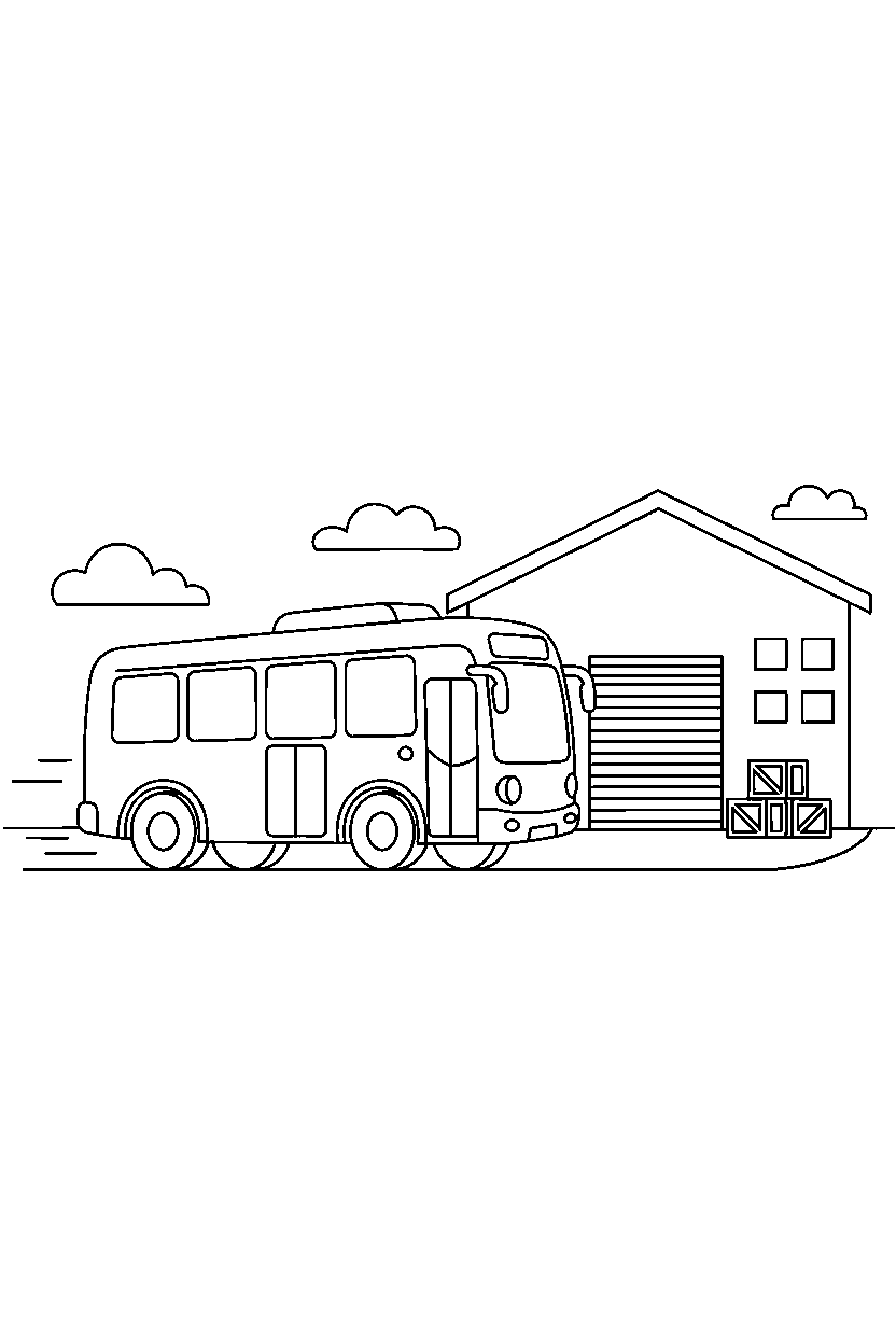 city bus moving carefully near a warehouse line art