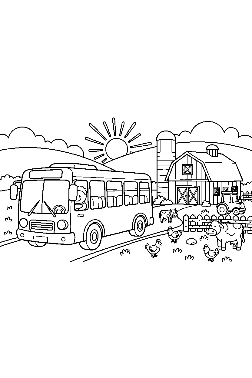 city bus parking safely near a farm line art