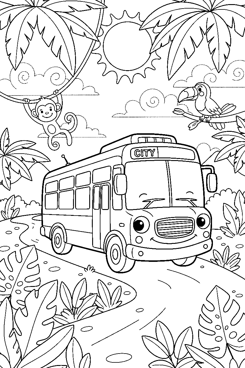 city bus posing for a picture in a jungle road line art