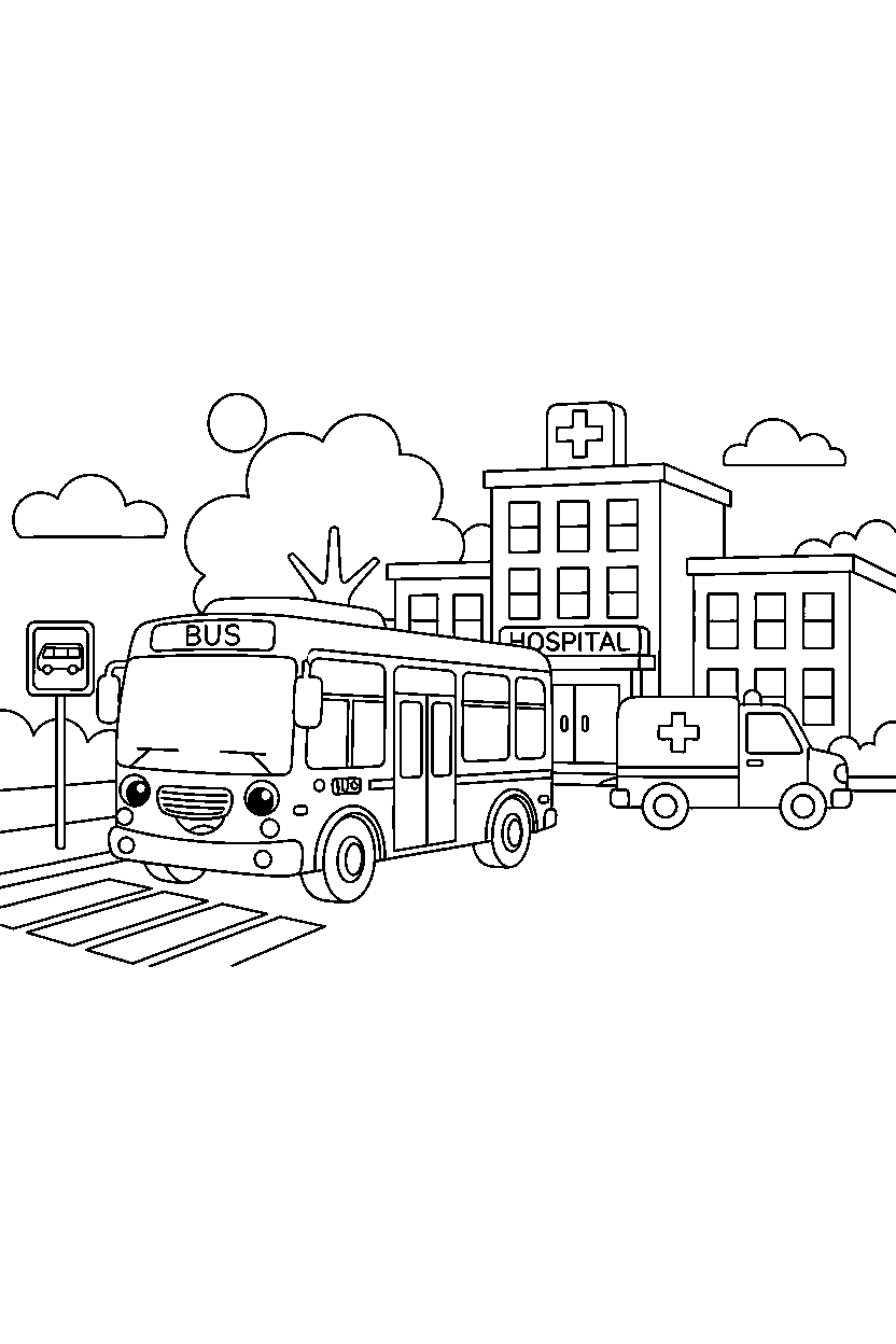 city bus stopping safely at a hospital line art