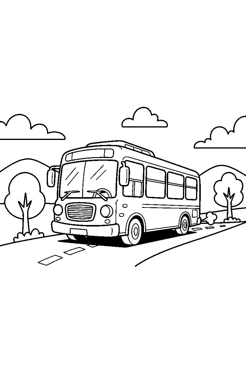 city bus turning gently on a country road line art