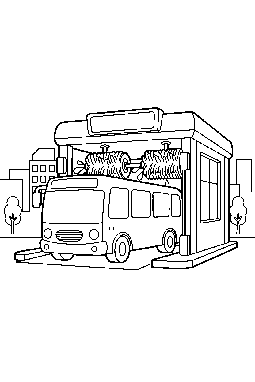 city bus waiting at a car wash line art