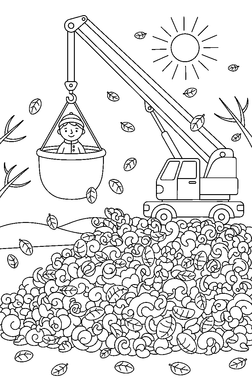 crane truck dropping off a passenger in autumn leaves line art