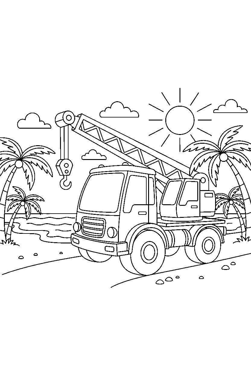 crane truck moving near the beach line art