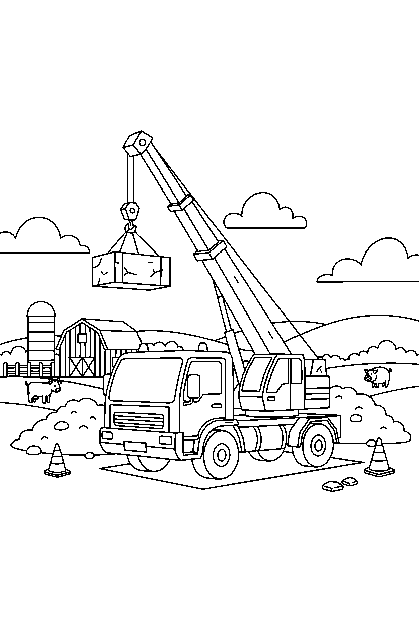 crane truck working at a job site near a farm line art