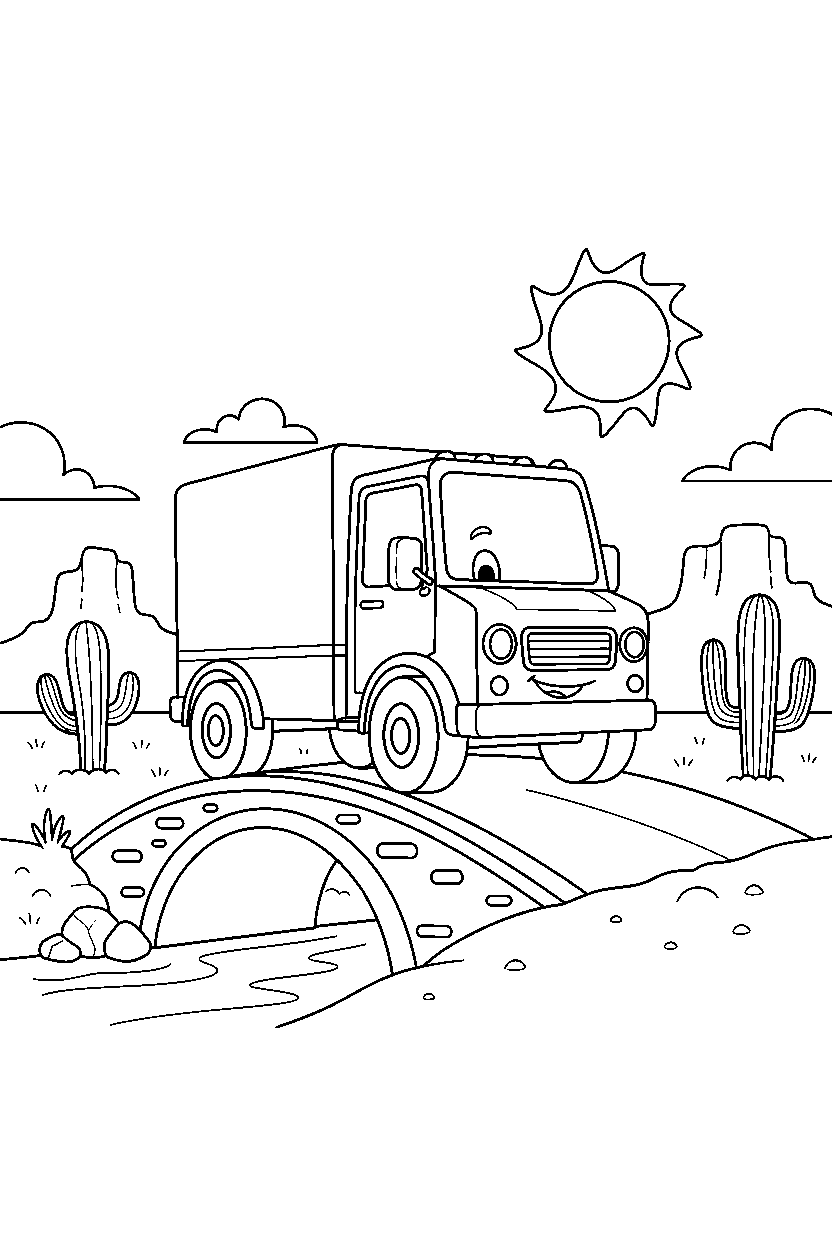 delivery truck crossing safely in a desert line art