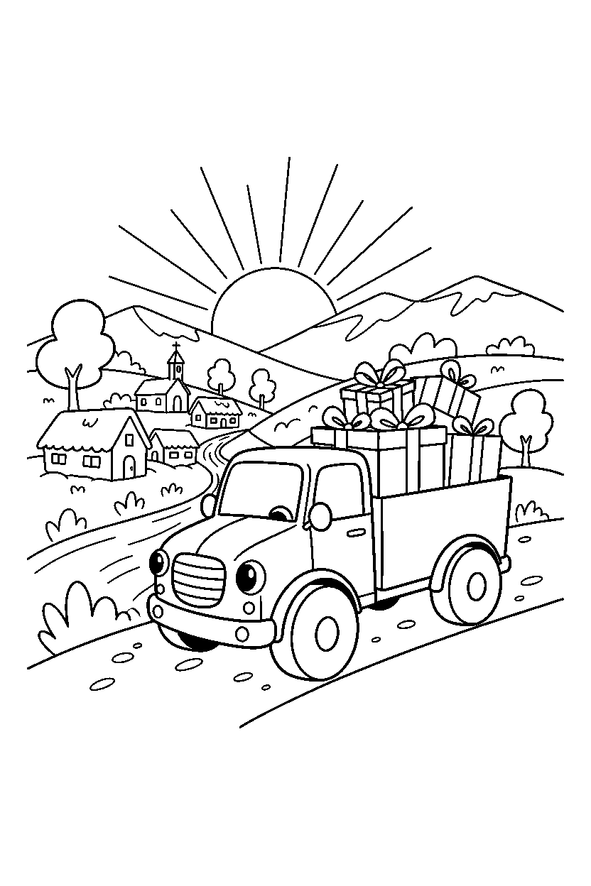 delivery truck exploring a new place near a village line art