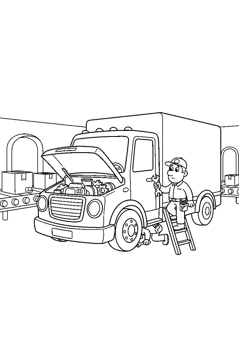 delivery truck getting repaired at a delivery center line art