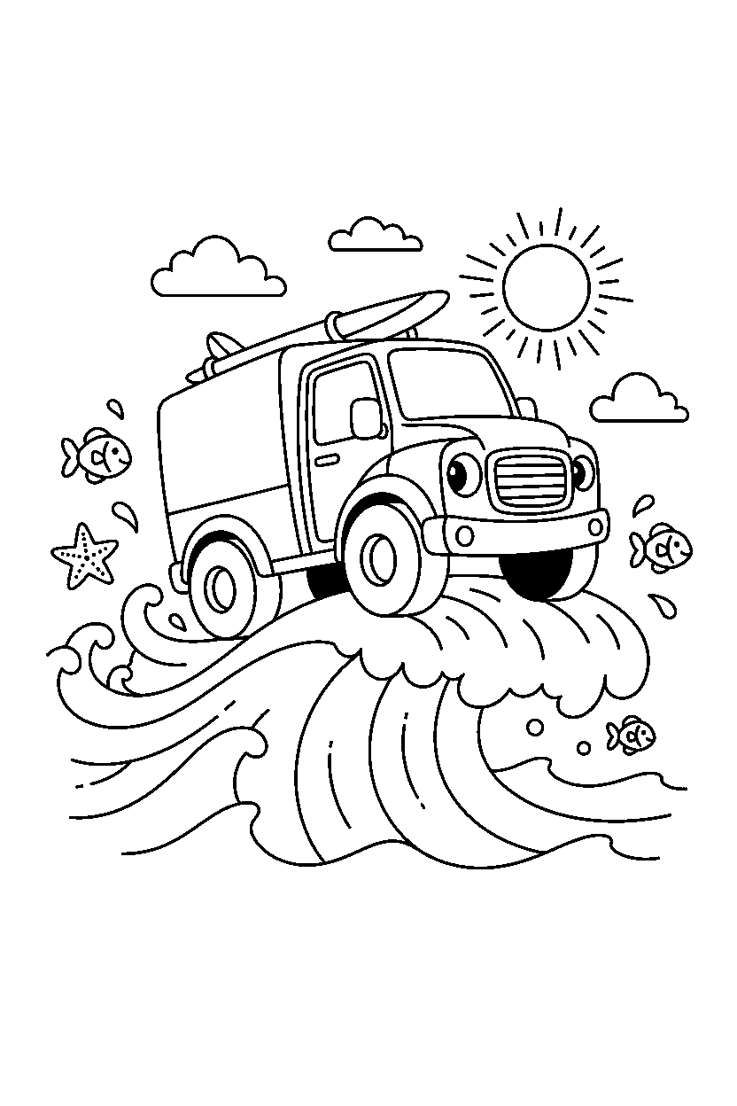 delivery truck going on a fun ride on the ocean line art