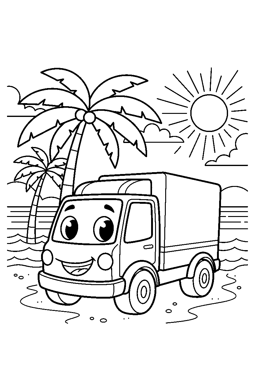 delivery truck smiling happily near the beach line art