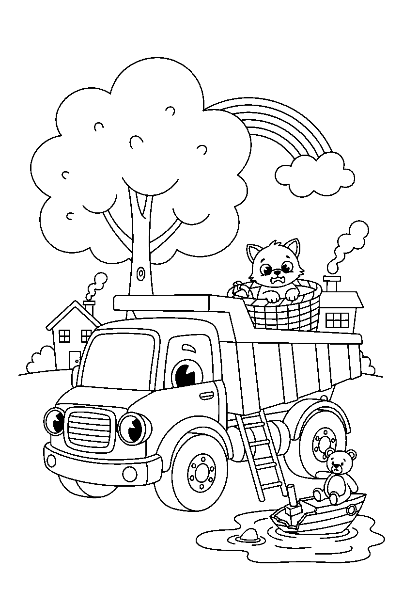 dump truck looking friendly on a rescue scene line art