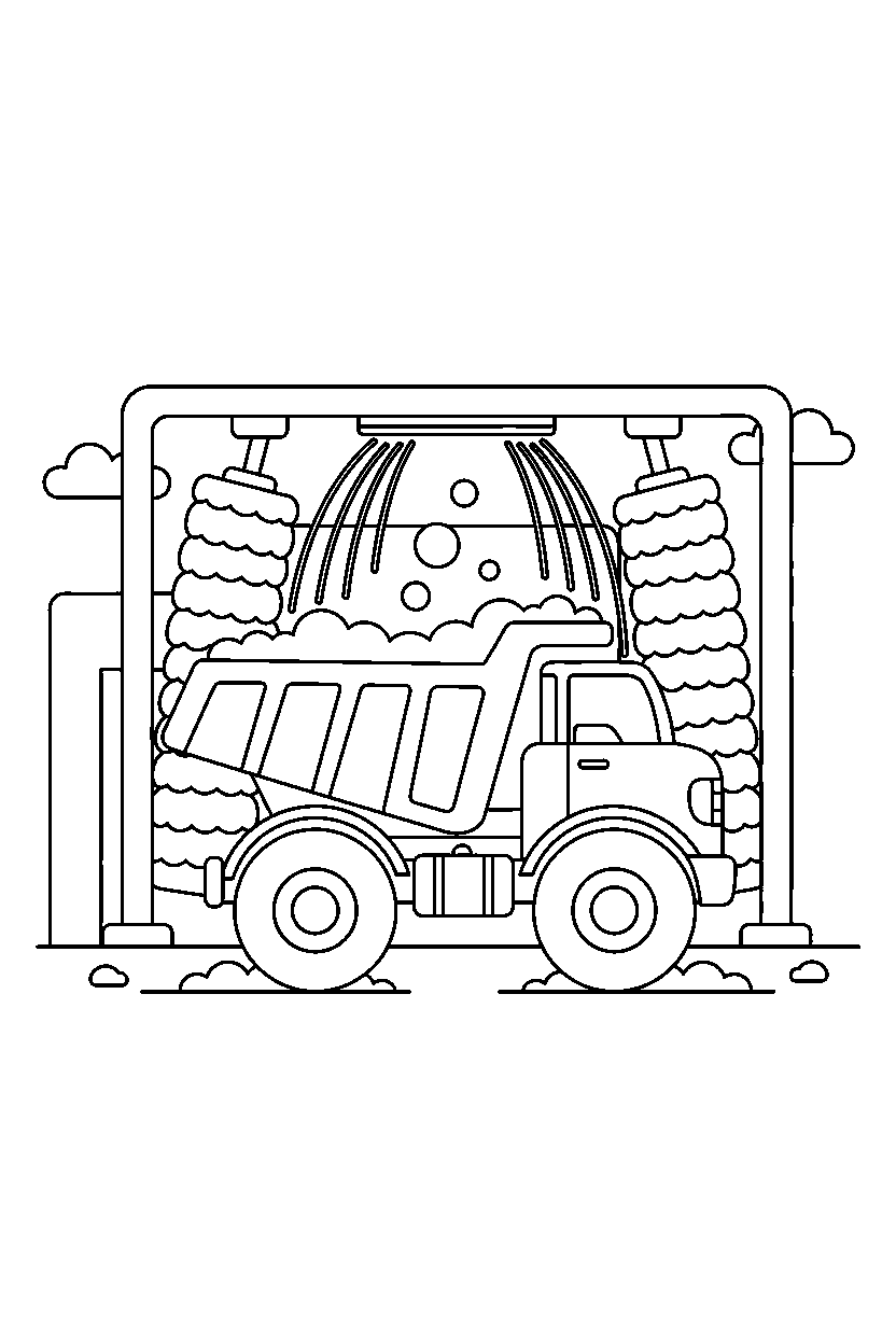 dump truck moving carefully at a car wash line art
