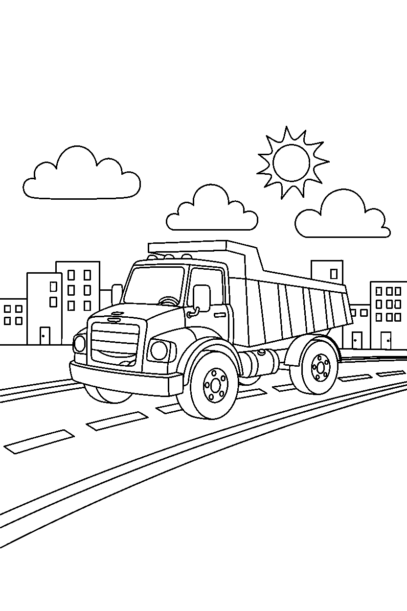 dump truck turning left on a city street line art