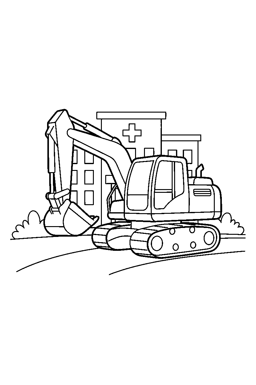 excavator driving forward at a hospital line art