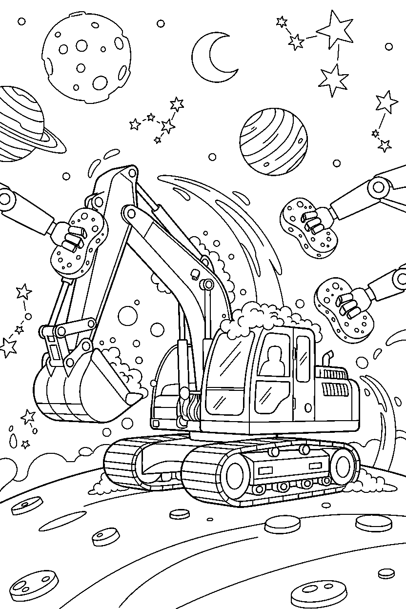 excavator getting washed in outer space line art