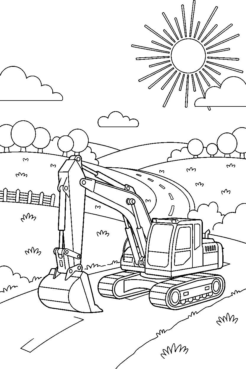 excavator parking safely on a country road line art