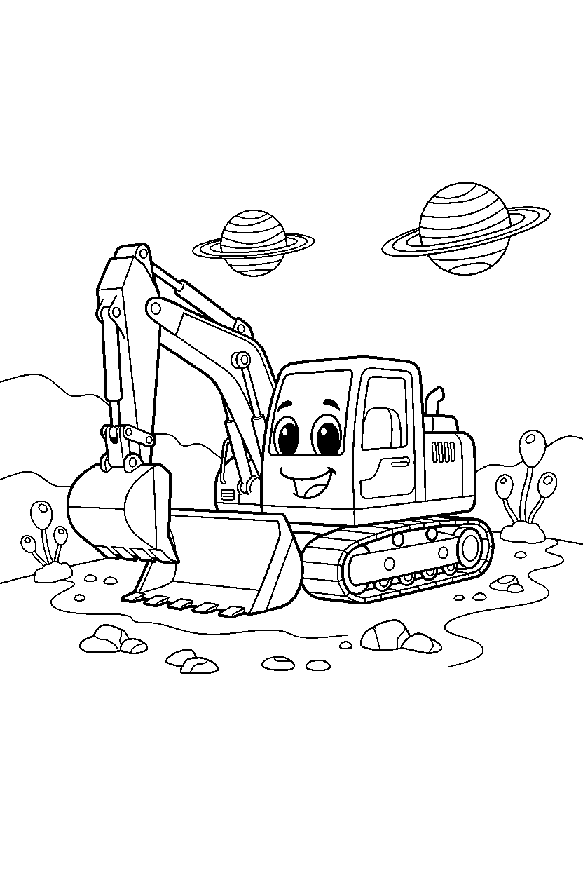 excavator smiling happily on another planet line art