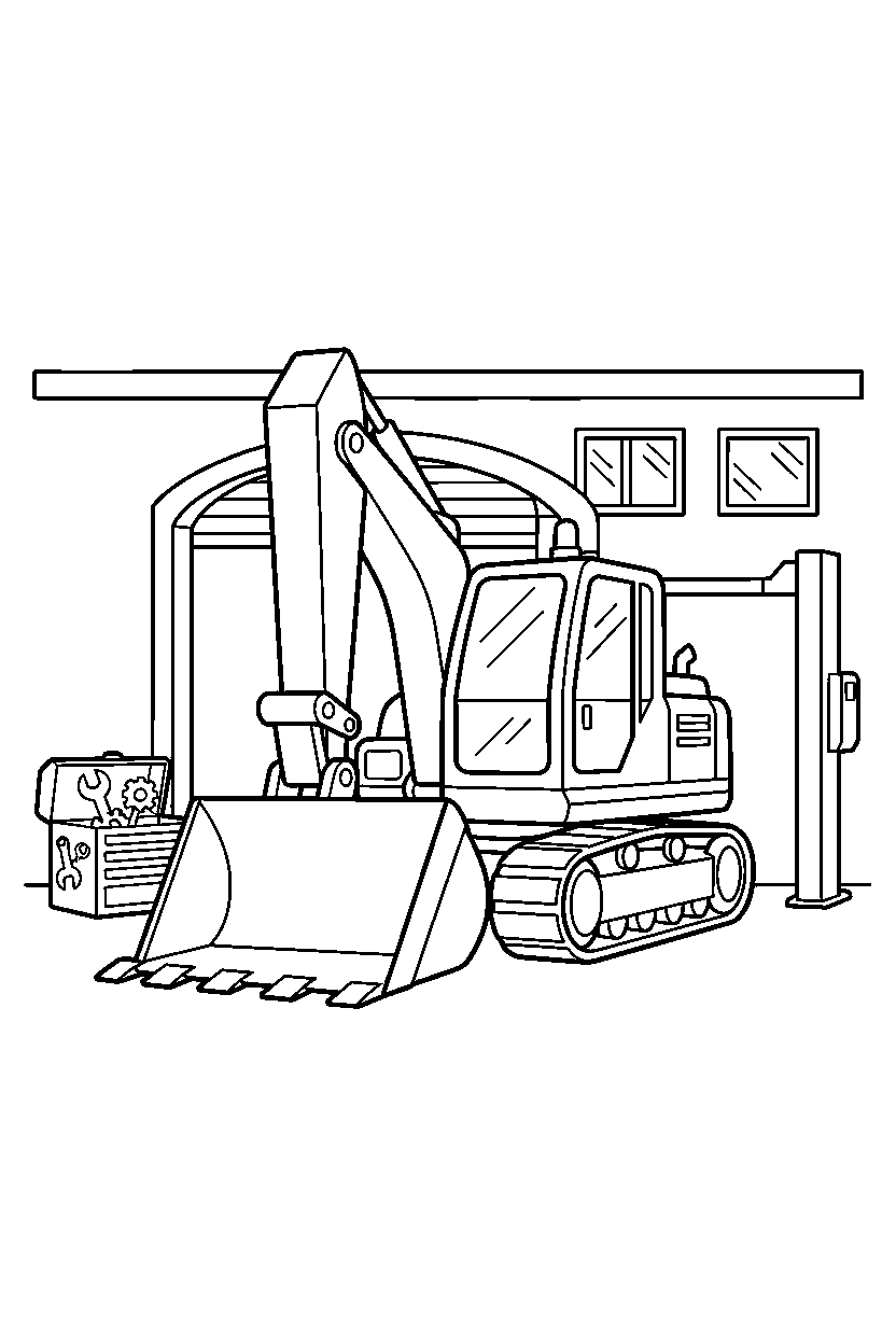 excavator standing proudly at a car garage line art