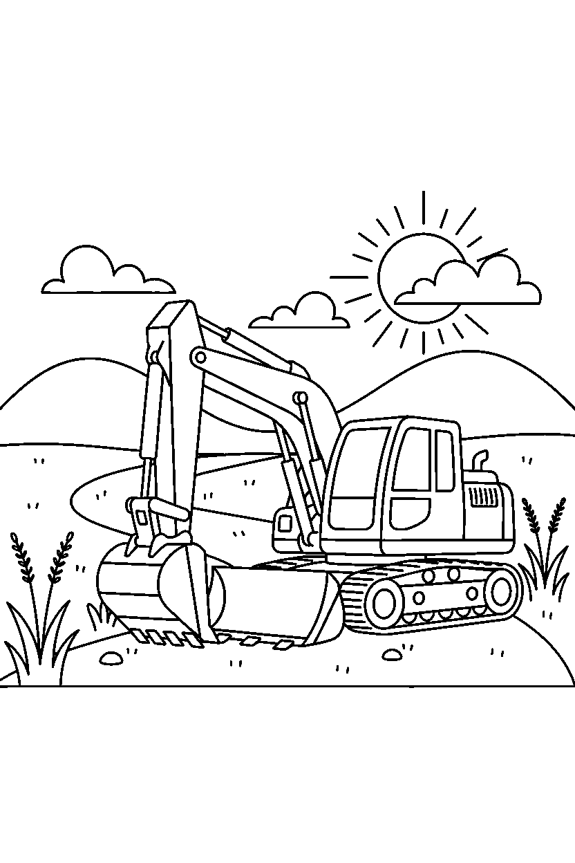 excavator standing still on a country road line art