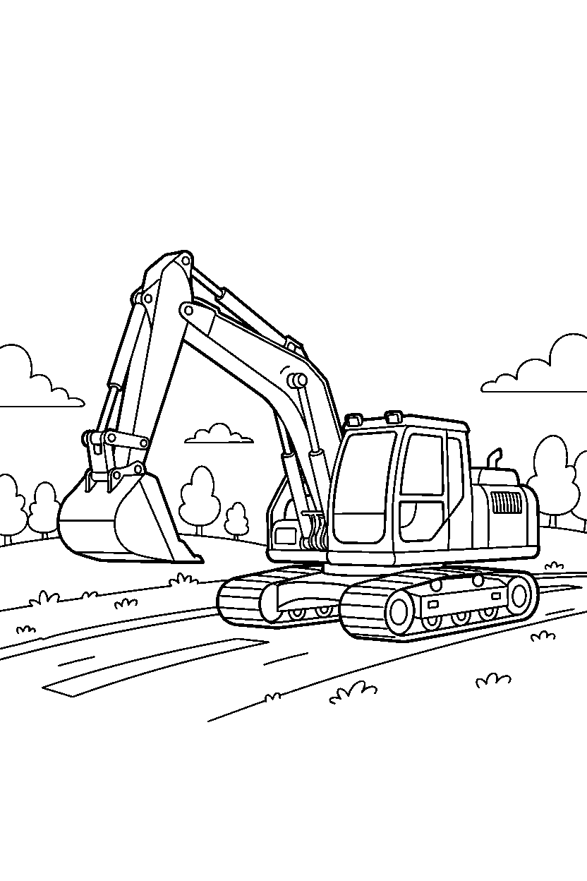 excavator starting on a country road line art