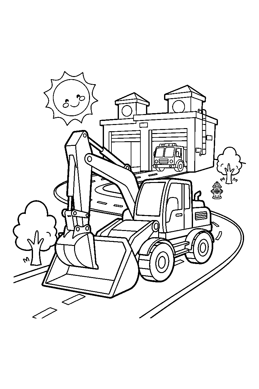 excavator traveling on the road at a fire station line art