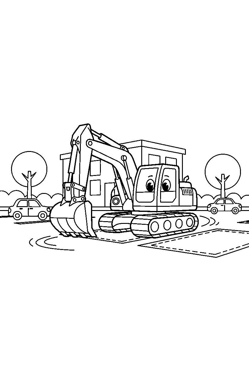 excavator traveling safely at a parking lot line art