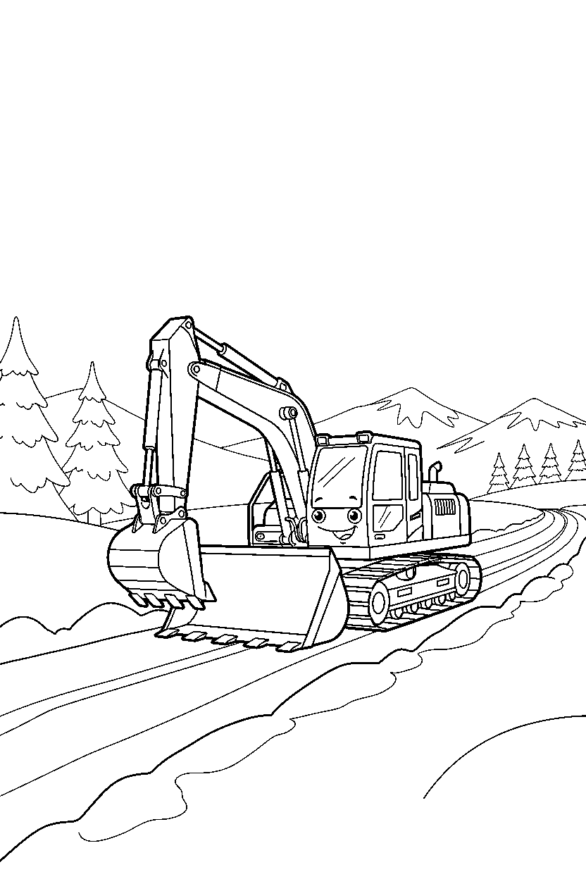 excavator traveling to a new place on a snowy road line art