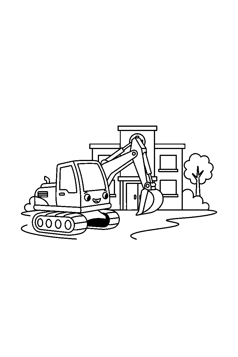 excavator turning gently at a hospital line art