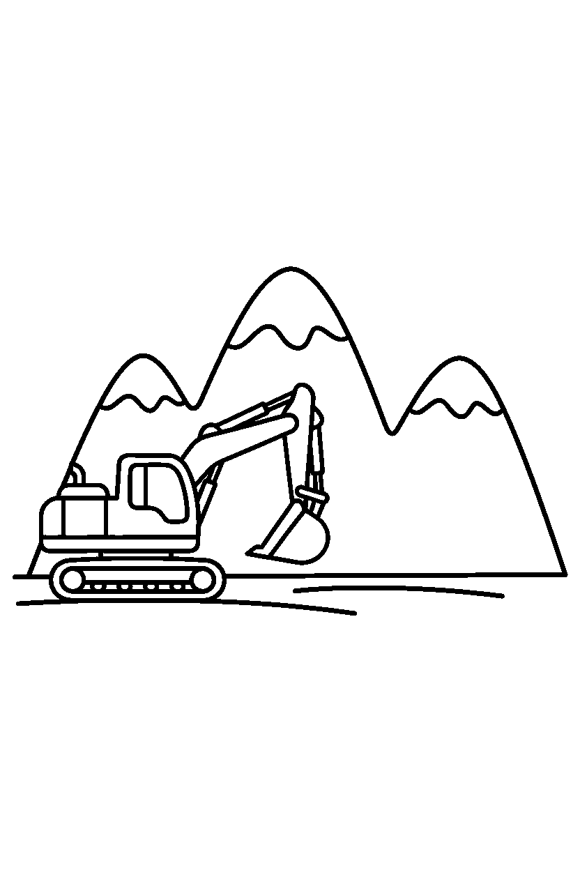 excavator turning gently near mountains line art