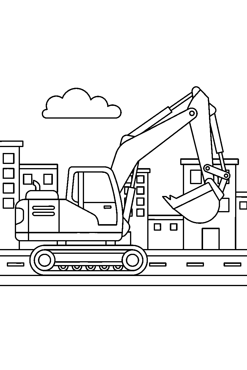 excavator turning right on a city street line art