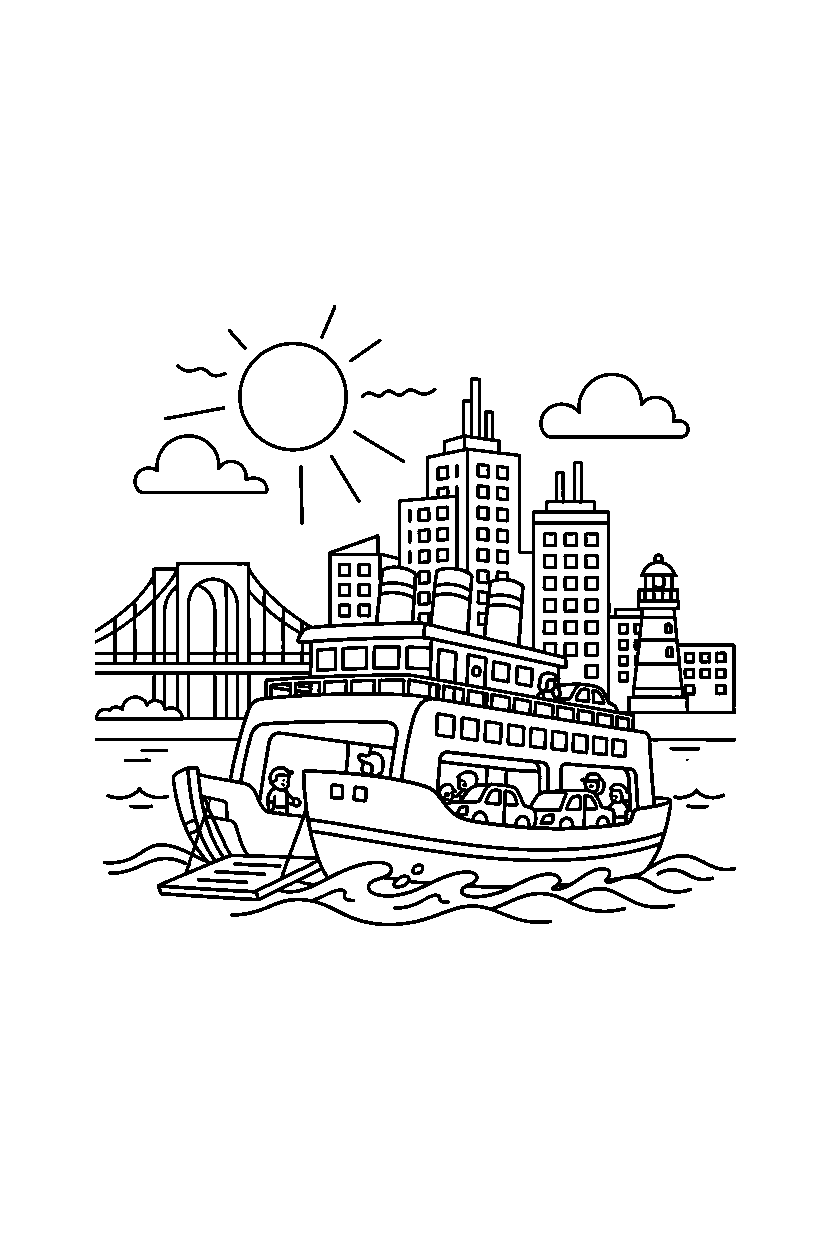 ferry moving forward in a cartoon city line art
