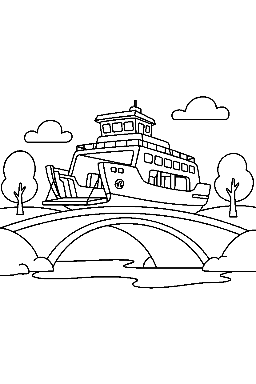 ferry ready for action on a simple bridge line art