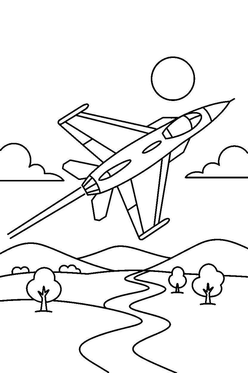 fighter jet rolling along in the countryside line art